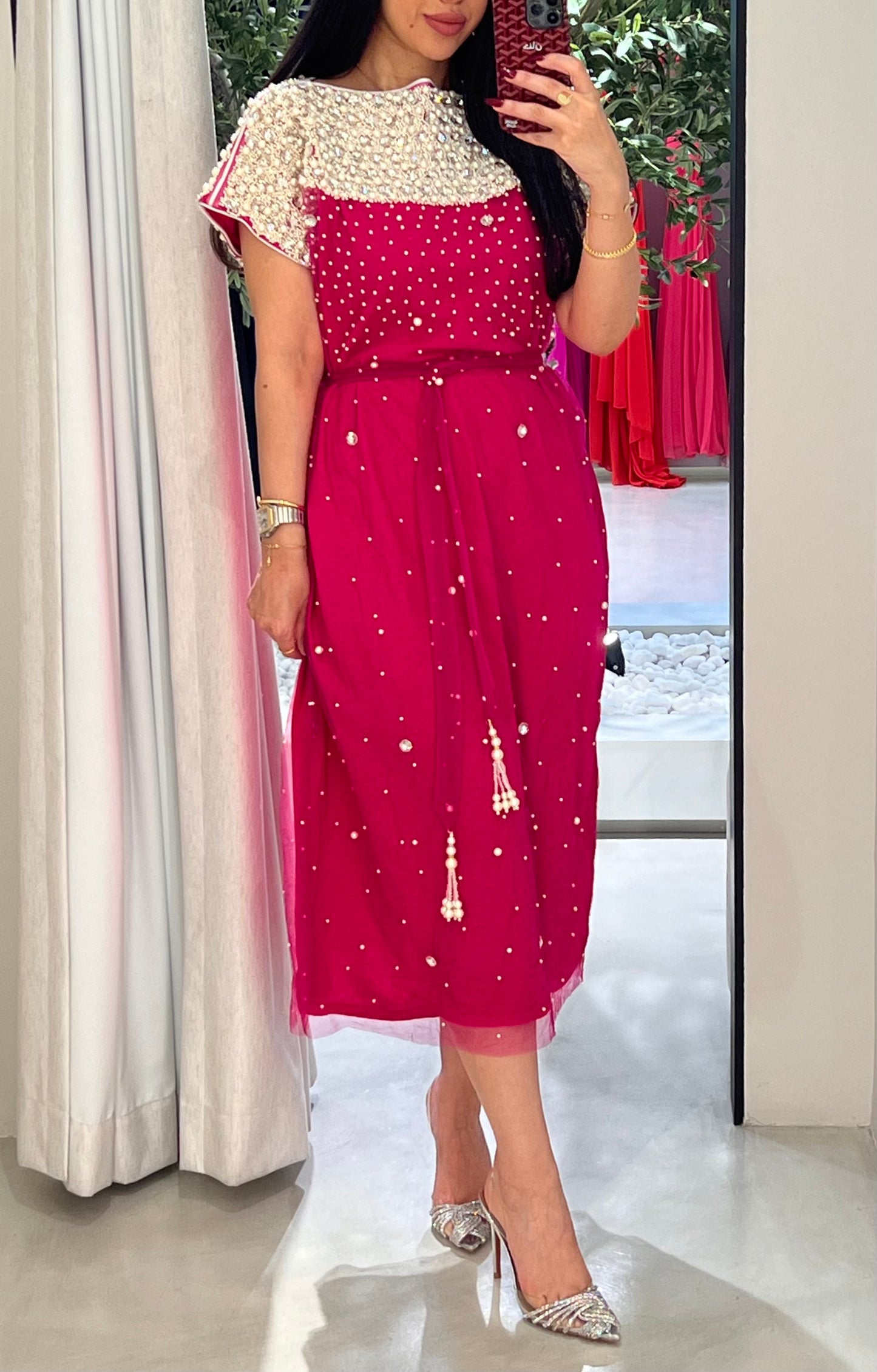 Tulle x pearl straight cut kaftan- pink