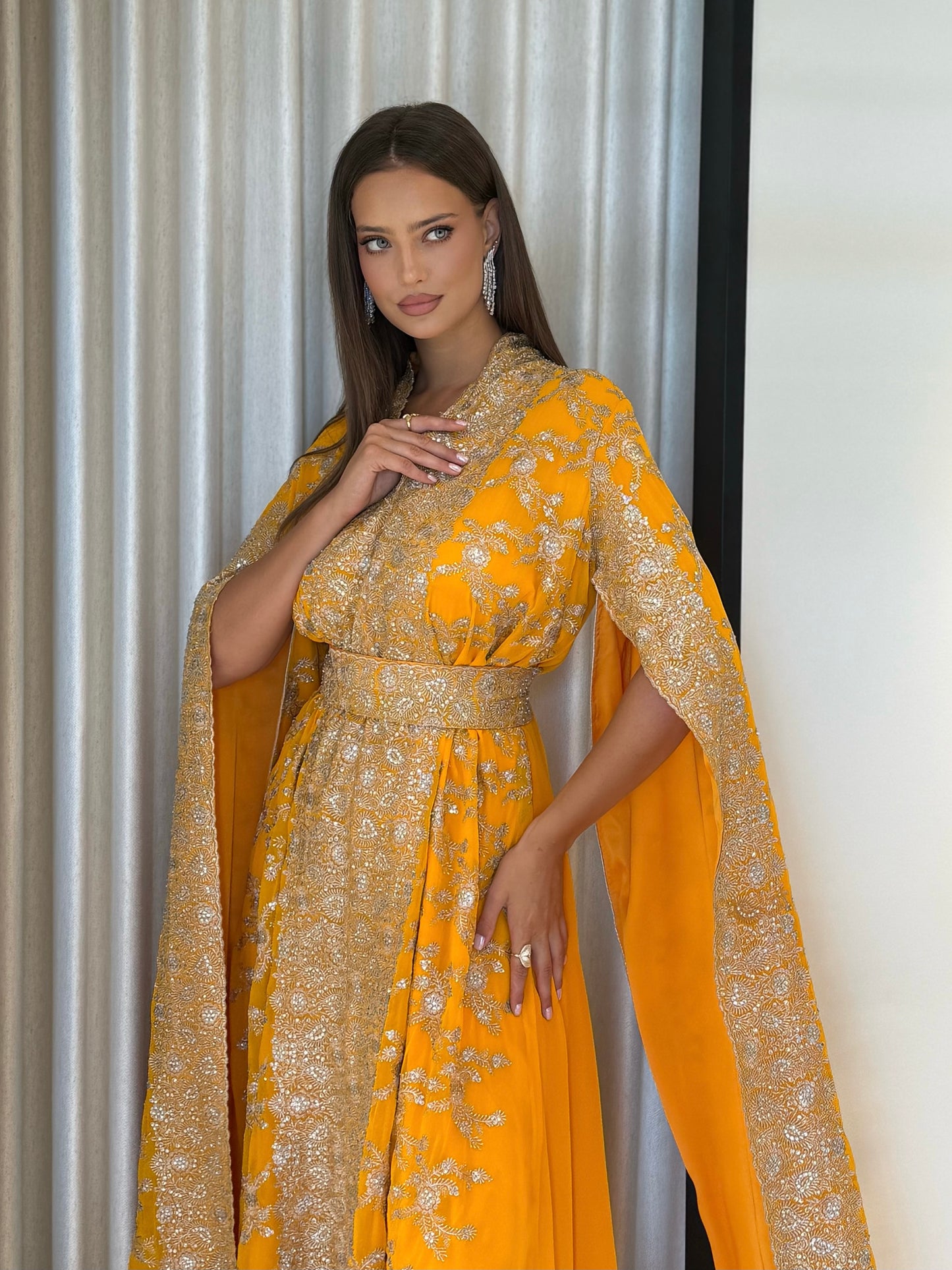 Jelwa Cape sleeves Dress- Mustard