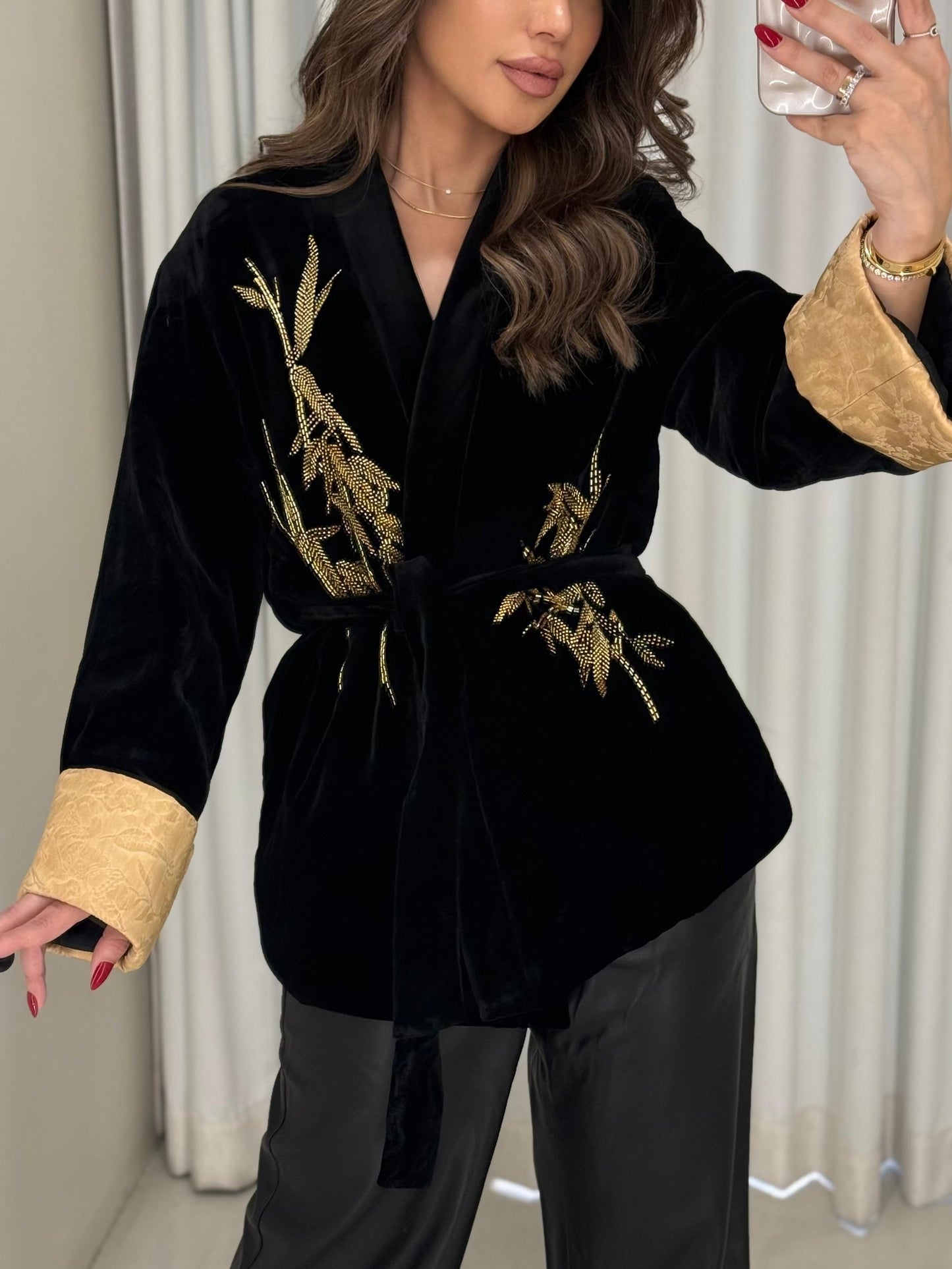 Black Velvet Embellished Blazer x golden Sattan