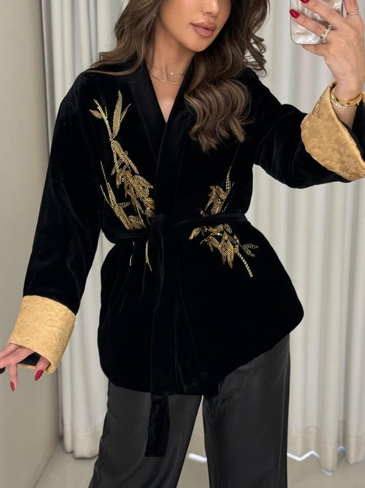 Black Velvet Embellished Blazer x golden Sattan