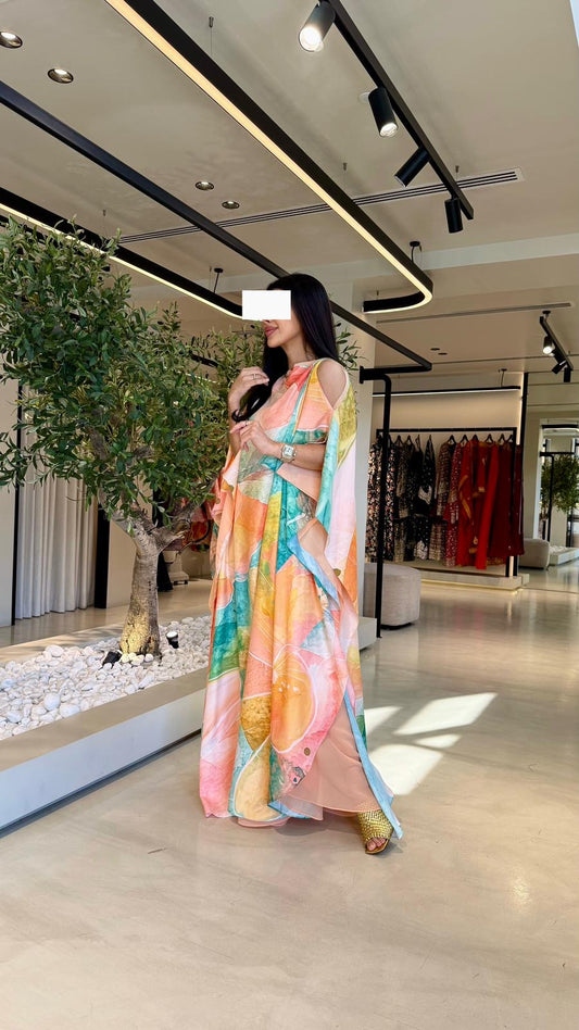 Summer floral kaftan - Peach Flowy Florals ( open shoulders)