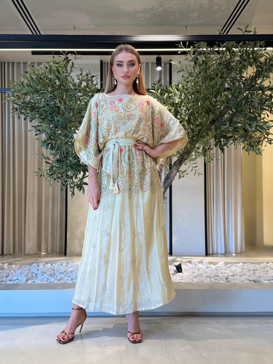 Fully Embellished Kaftan Dress- pink x blue