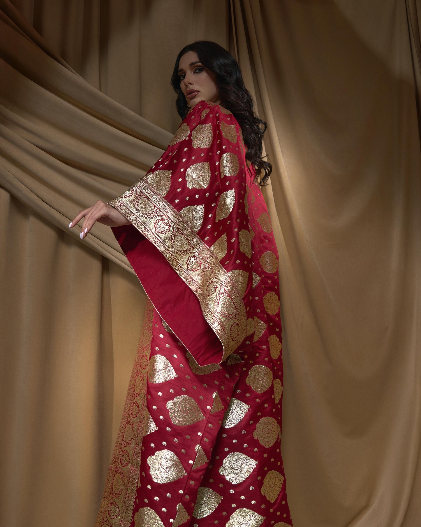 Teo Piece Brocade Bisht/ Dress - Red x Gold