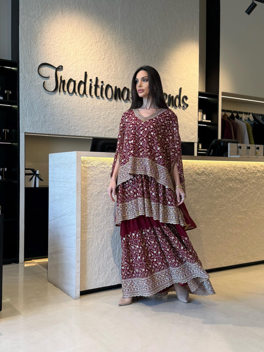 Triple layer Jelwa cape - burgundy