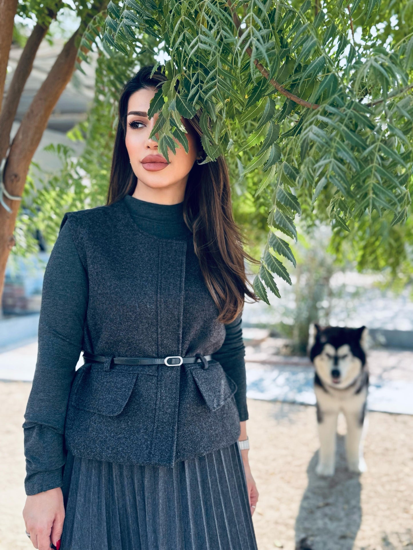 Winter Dress set - Midi x Vest x Belt -Grey