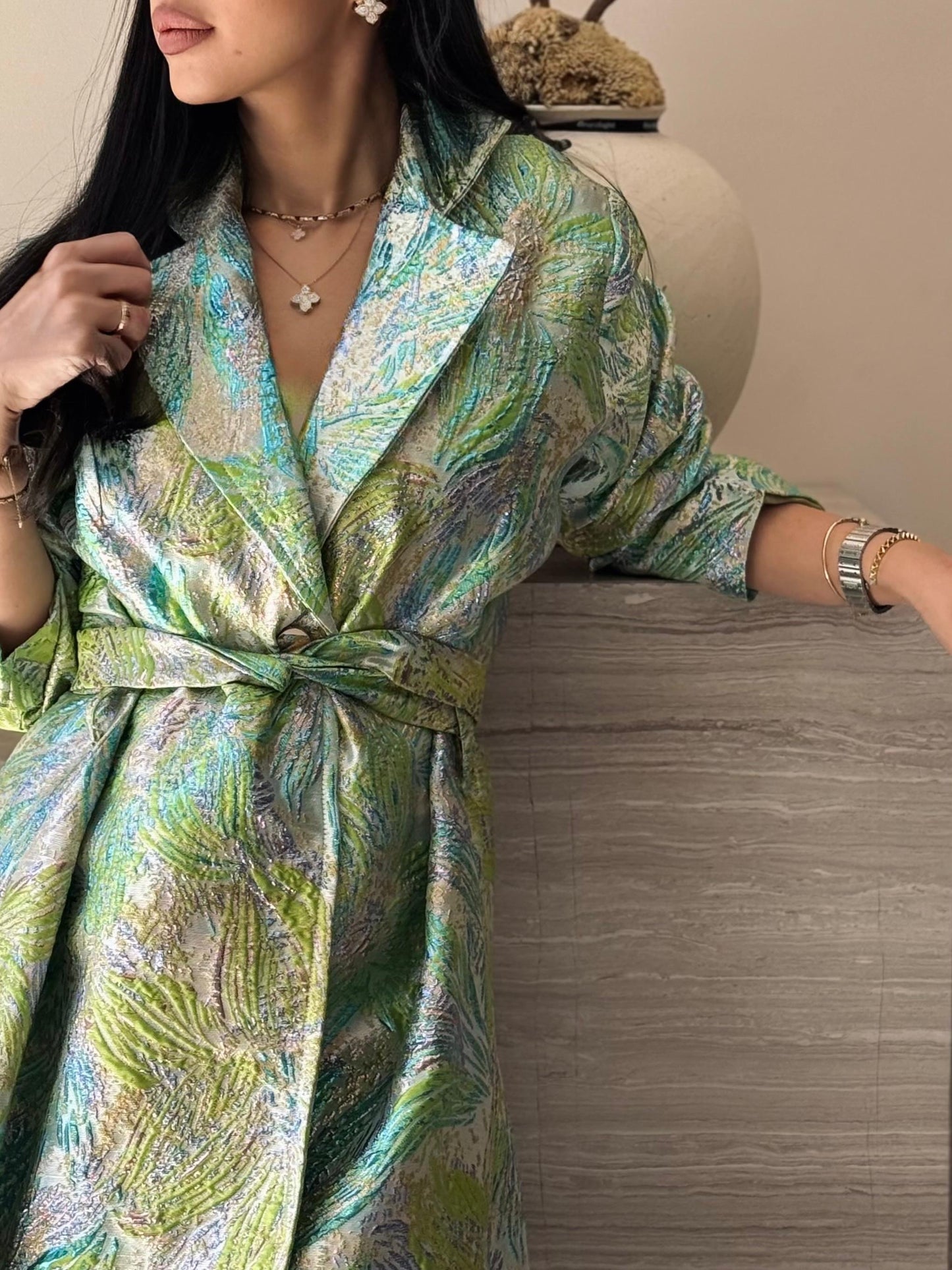Brocade Trench Dress - Mint x Gold