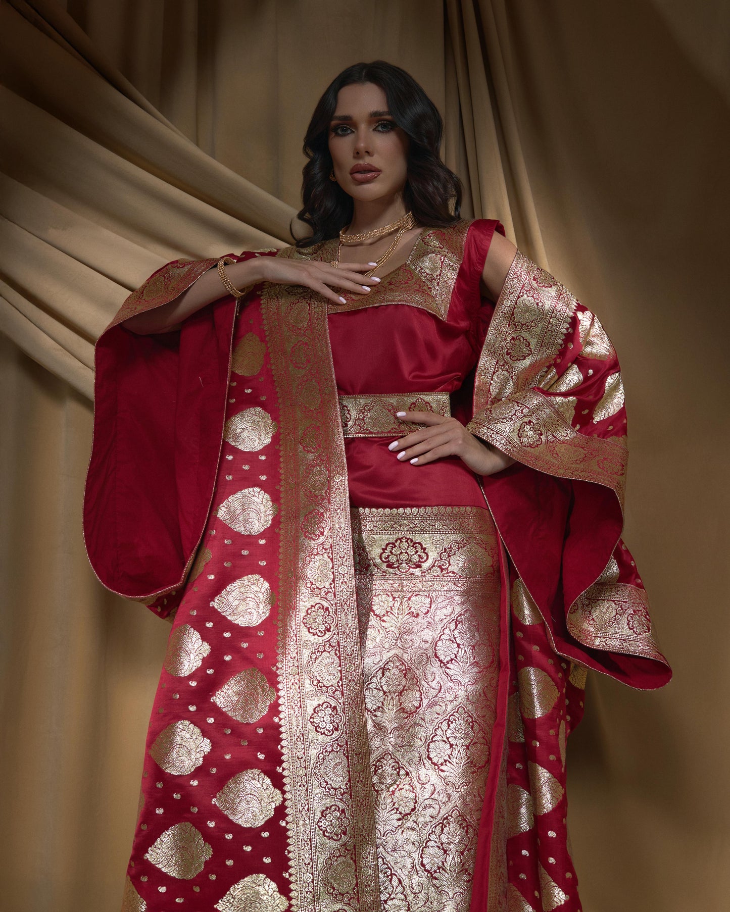 Teo Piece Brocade Bisht/ Dress - Red x Gold