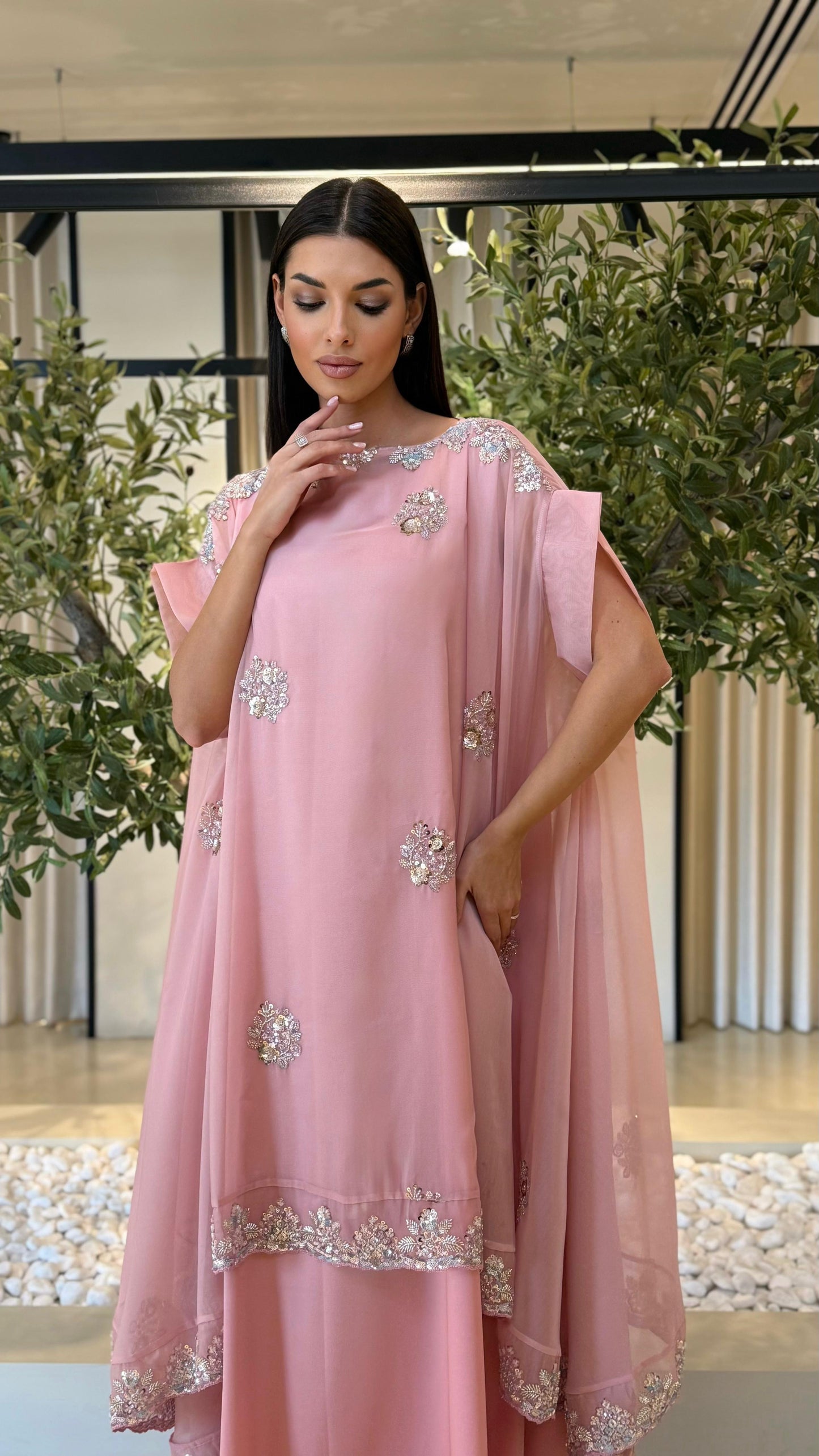 Double Layer Jelwa Kaftan- Powder Pink