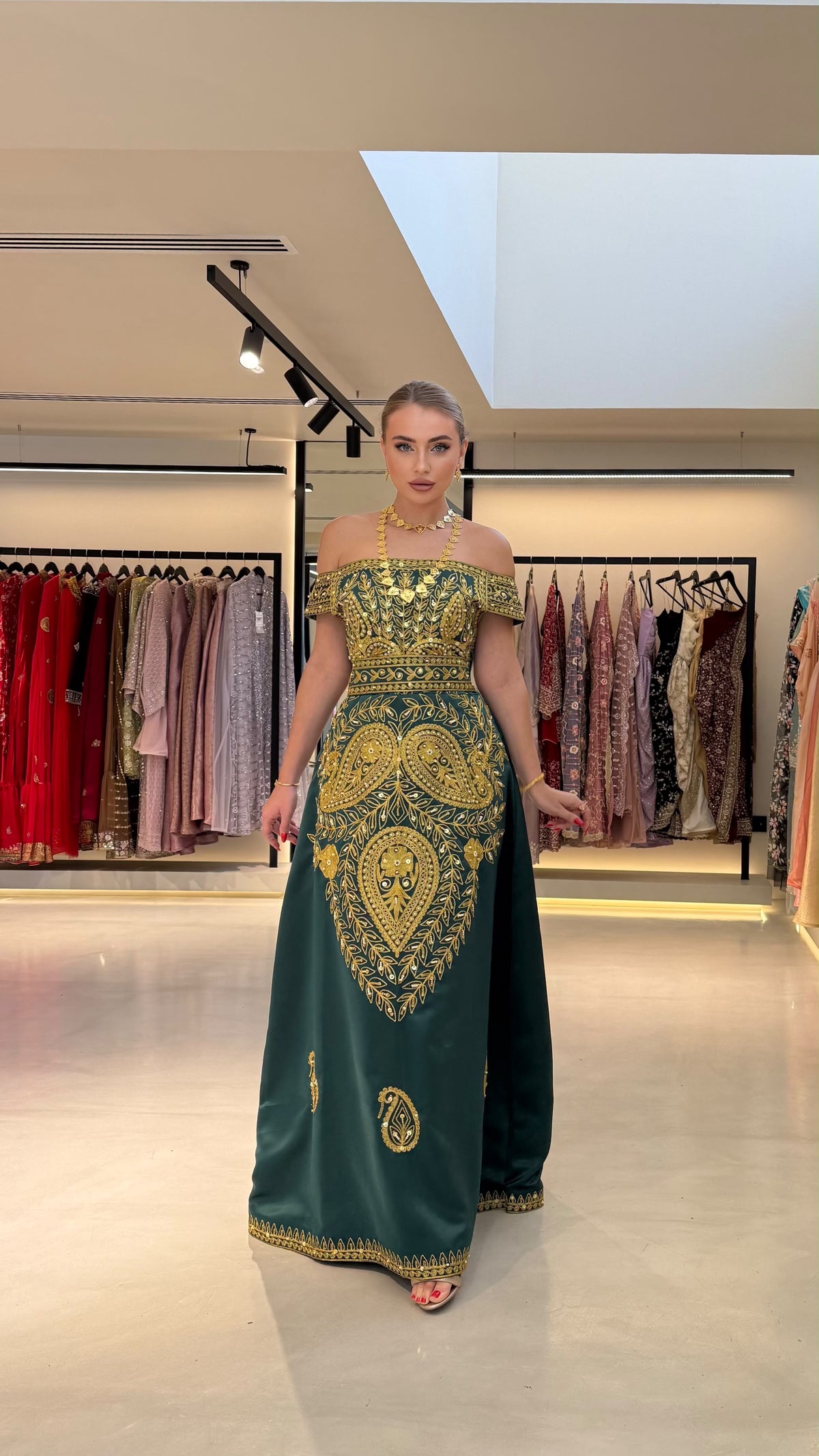 Nashel Bridal Jelwa Dress- offshoulders Green x Gold