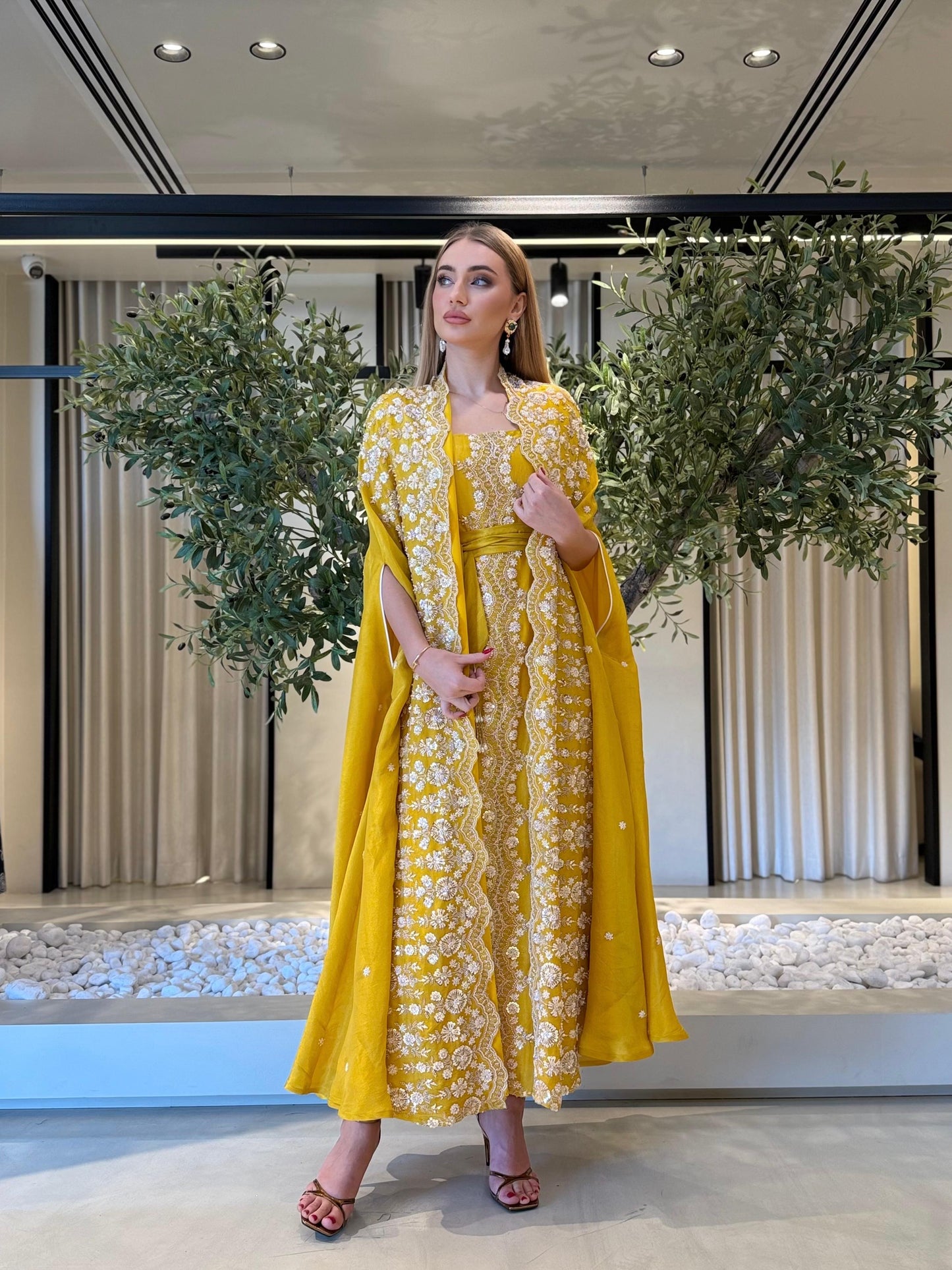 2 Piece fully embellished cape kaftan Set- Mustard