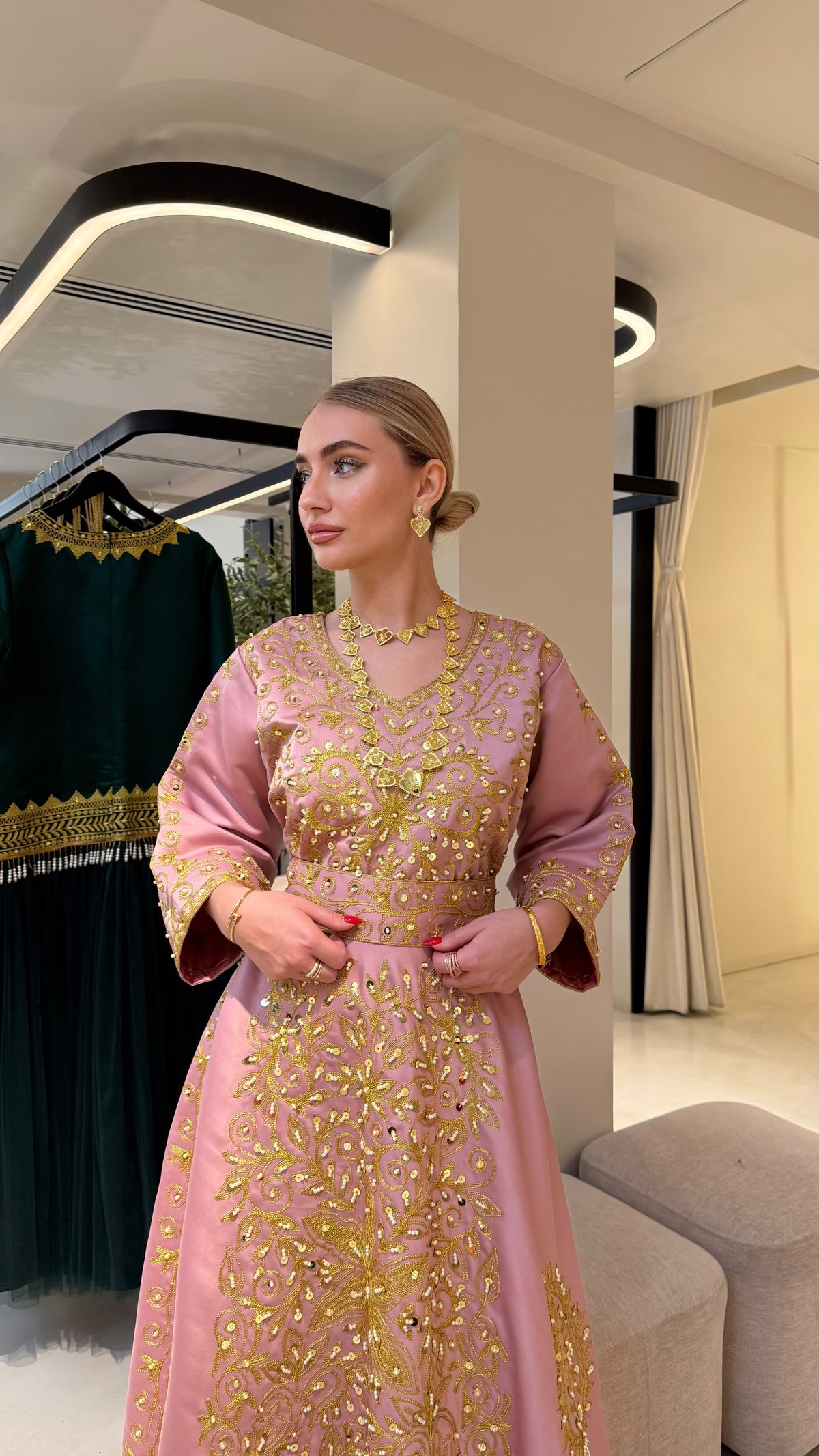 Nashel Jelwa Sattan Dress- Blush Pink x pearls embellishment