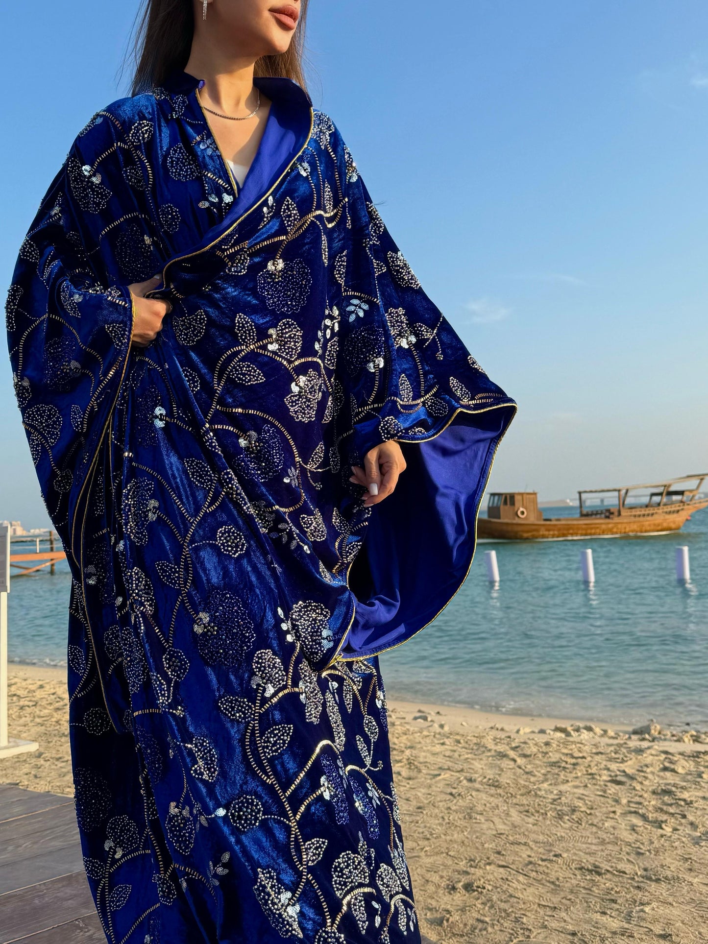 Wide Sleeves Velvet Bisht-Royal Blue x Embellishments