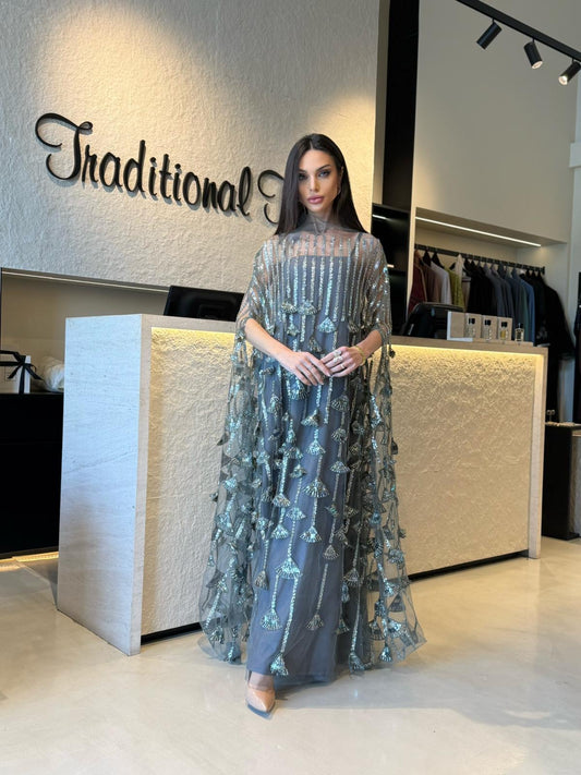 Jelwa Tulle Cape kaftan-Grey
