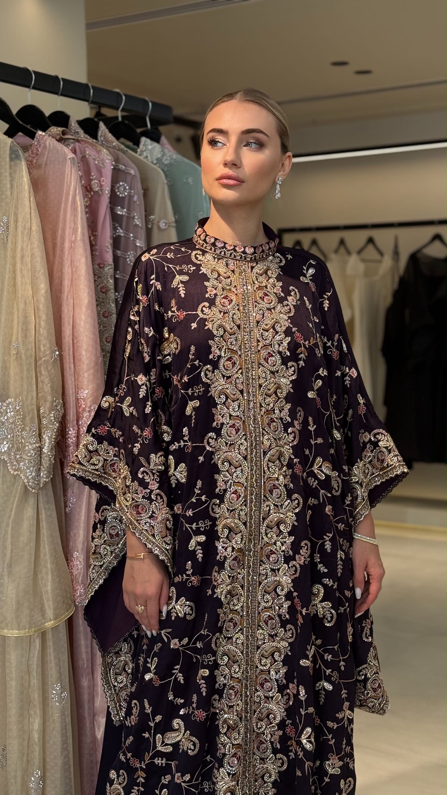 Wide Sleeves Jelwa Kaftan -Chocolate
