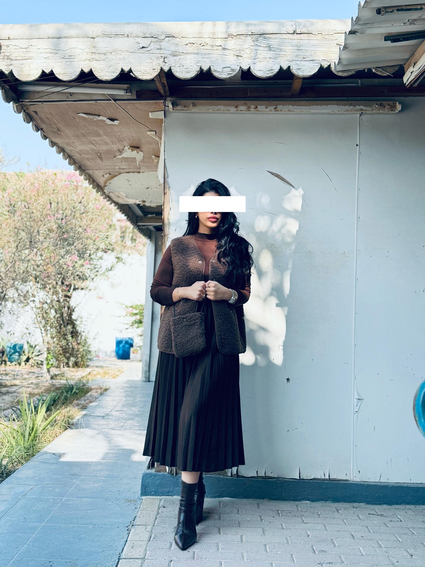 Winter Dress set - Midi x Vest x cross bag -Brown