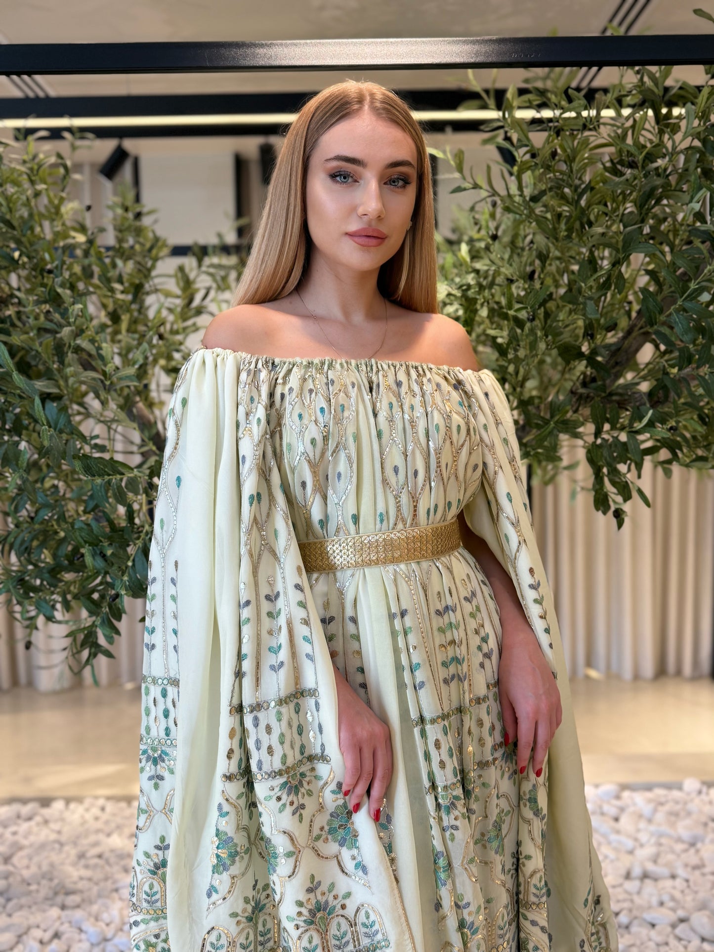 Off shoulders Jelwa Dress-Lime