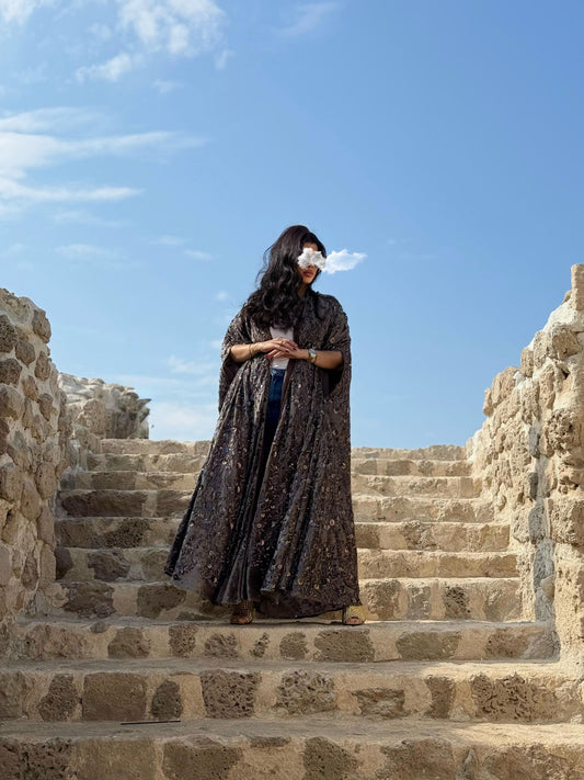 Cape Velvet Bisht-Mocha x Embellishments