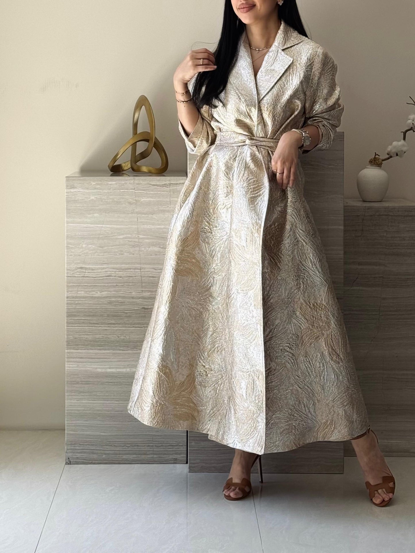 Brocade Trench Dress -Cream x Gold