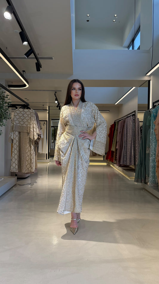 Draped long sleeves Jelwa Dress-Cream