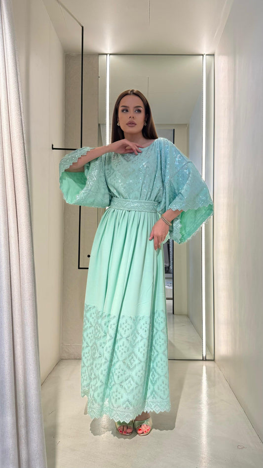 Wide Sleeves Flowy Jelwa Dress-Aqua