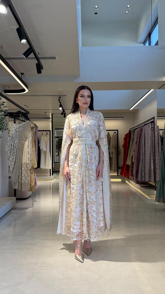 Cape sleeves Jelwa Dress- Cream