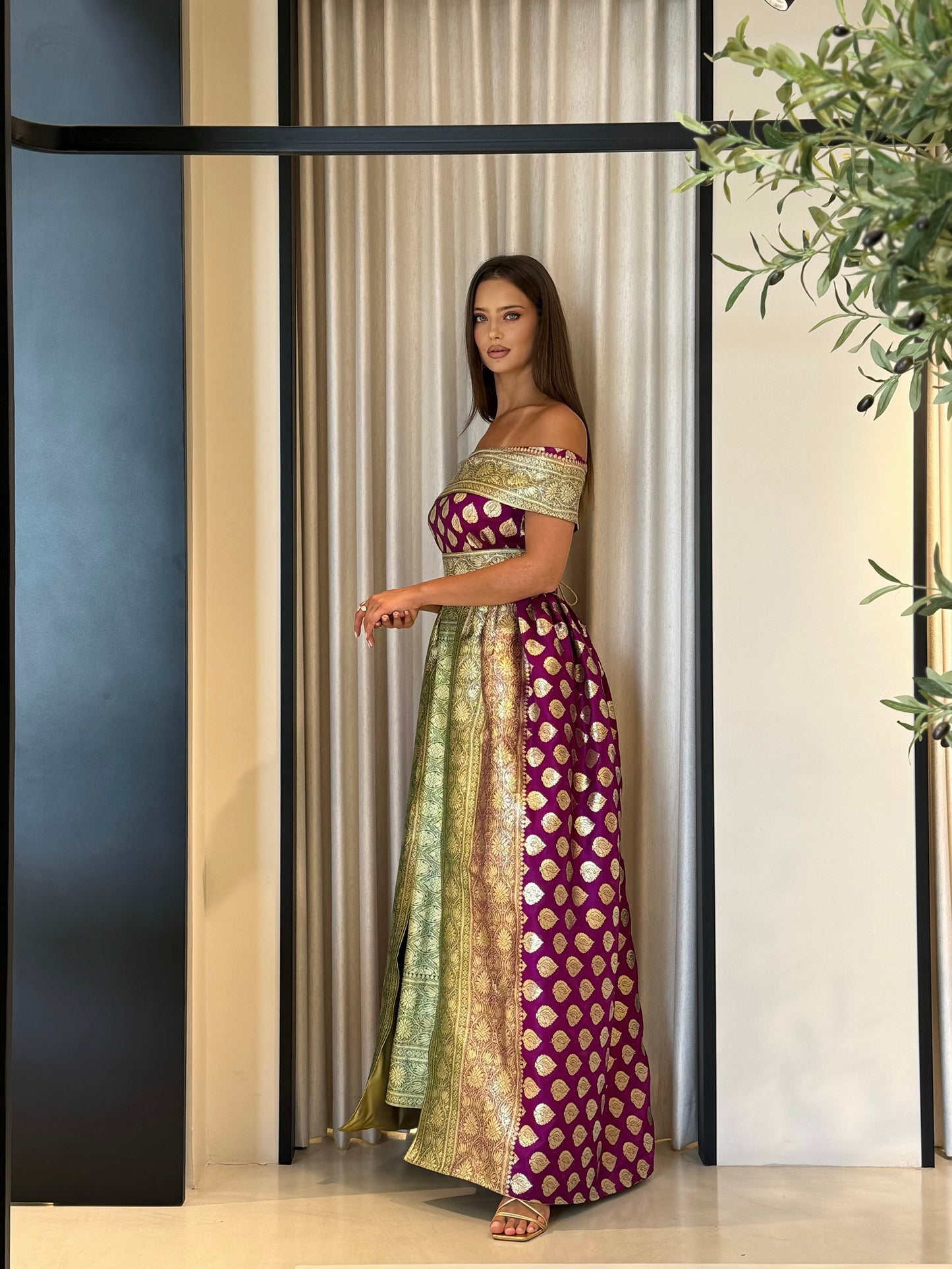 Jelwa Brocade Dress- Greenx mauve