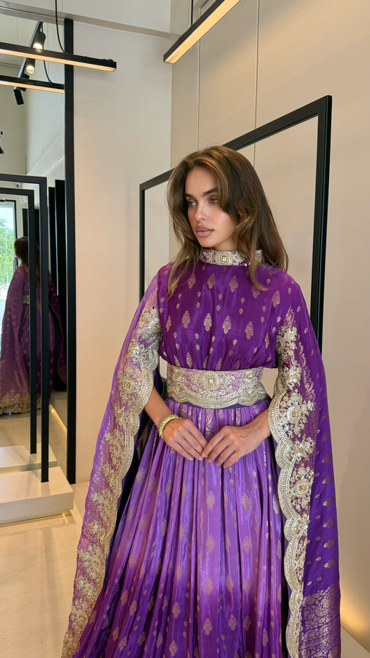 Long Cape sleeves Jelwa Kaftan -Ombré purple