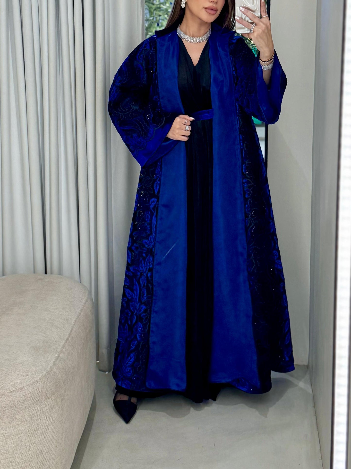Velvet Bisht - Black x Royal Blue x cutouts & Embellishments