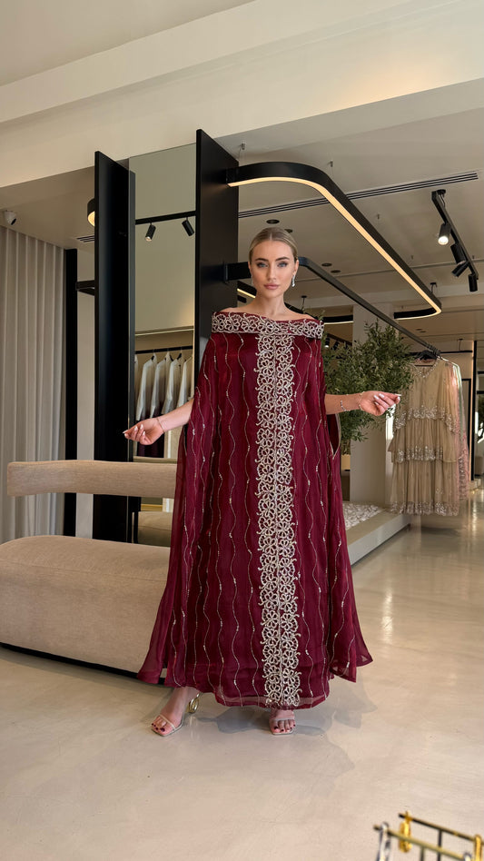 Offshoulders Cape Jelwa Kaftan -maroon