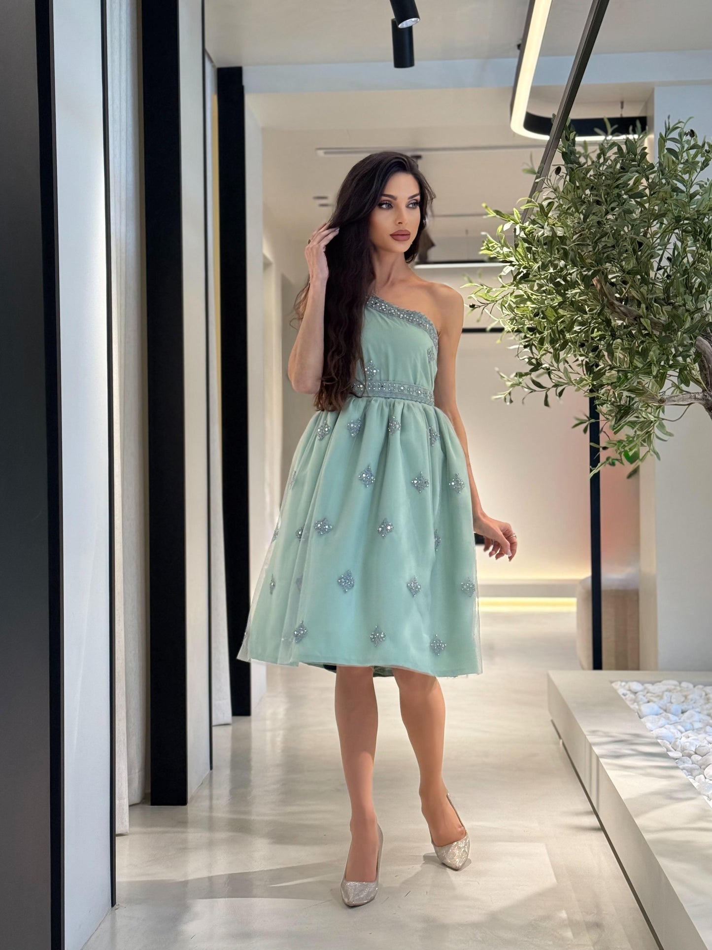 One shoulder Short Tulle Jelwa Dress-Mint