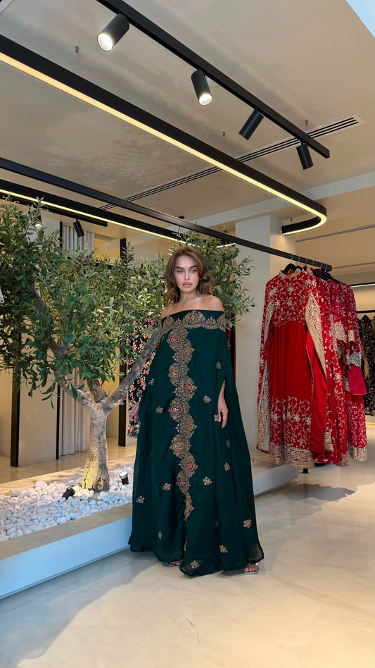 Offshoulders Cape Jelwa Kaftan -Dark Green