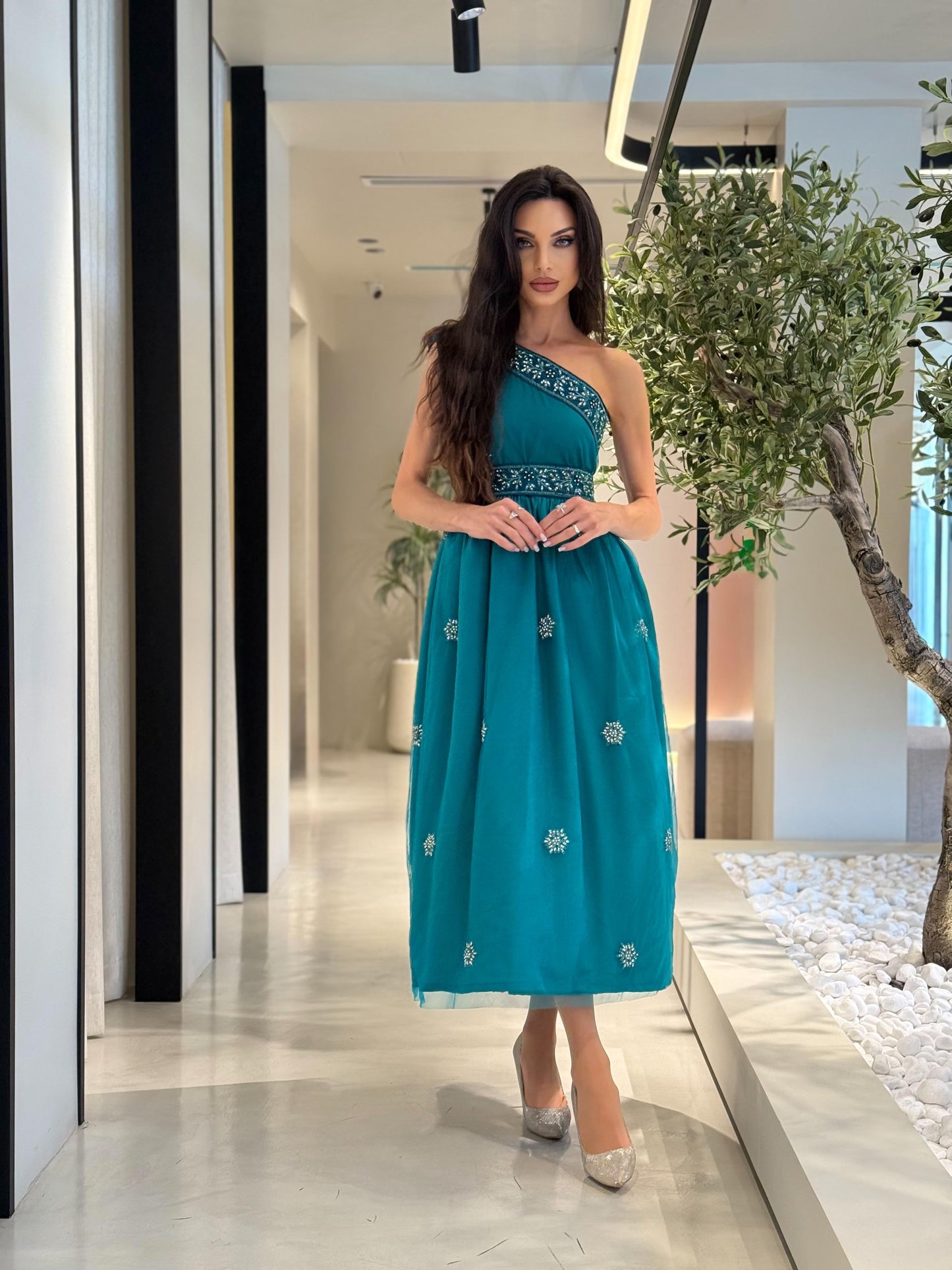 One shoulder Short Tulle Jelwa Dress- teal