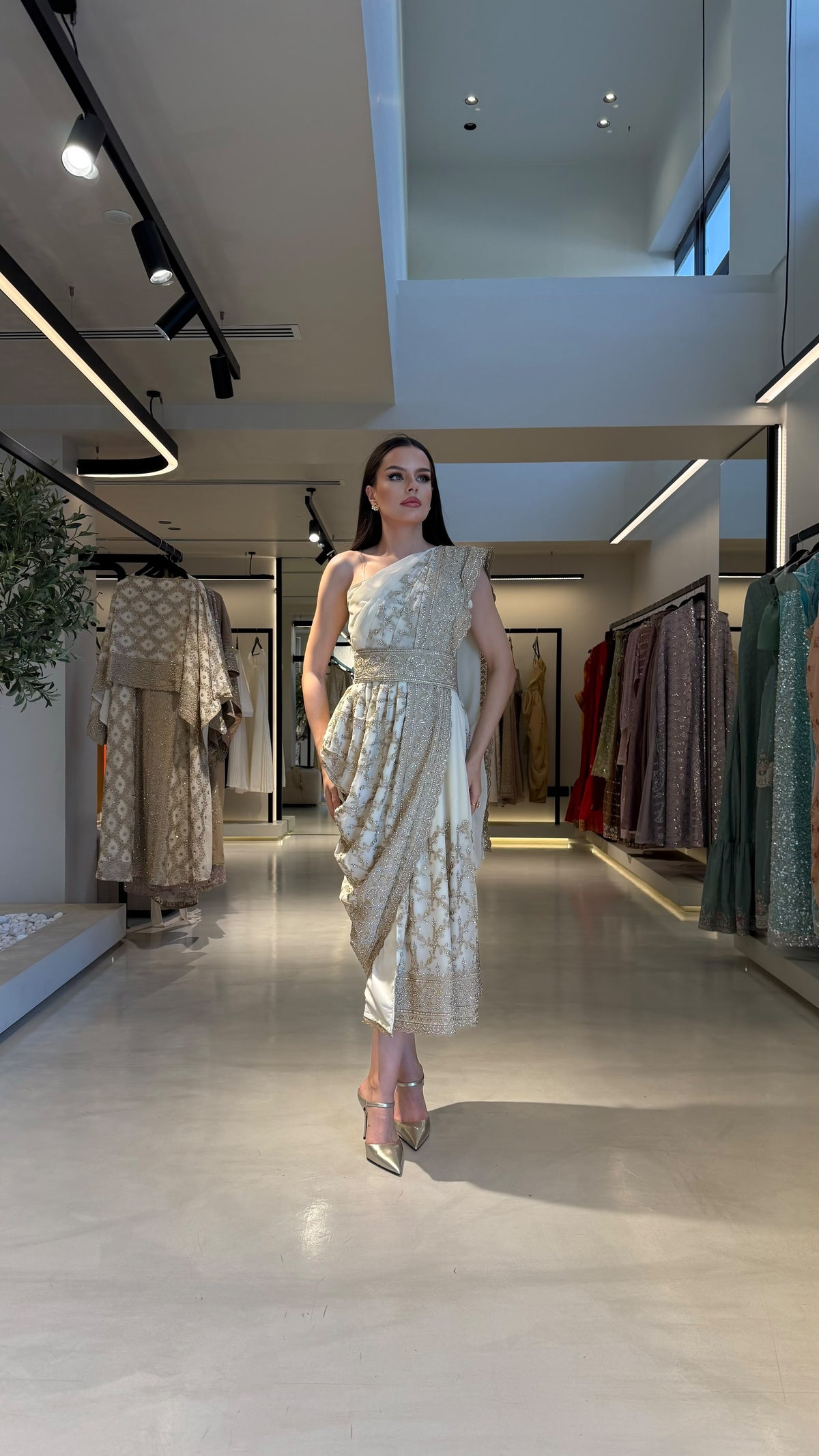 Draped one shoulder Jelwa Dress-Cream