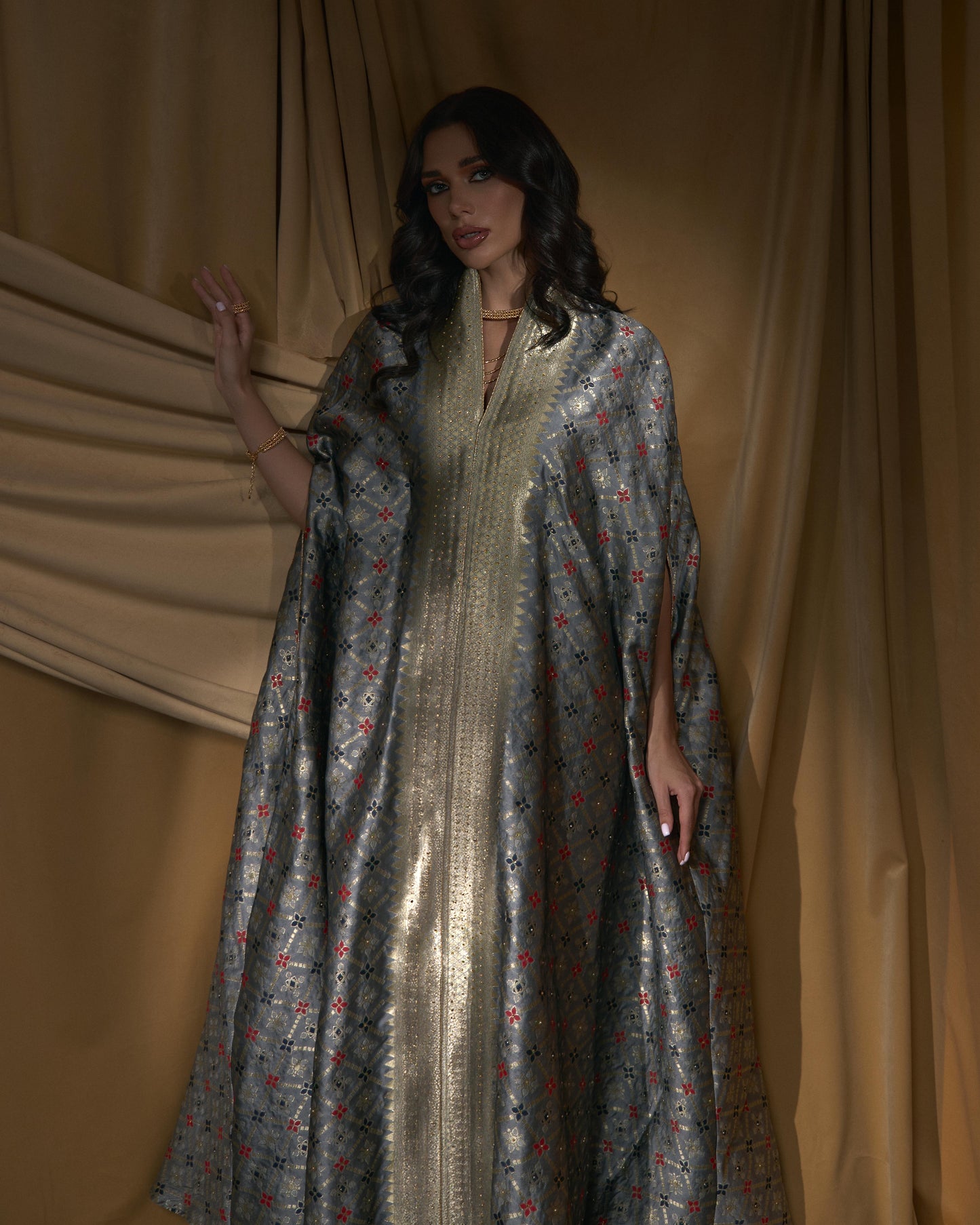 Cape Brocade Dress - Grey x Gold