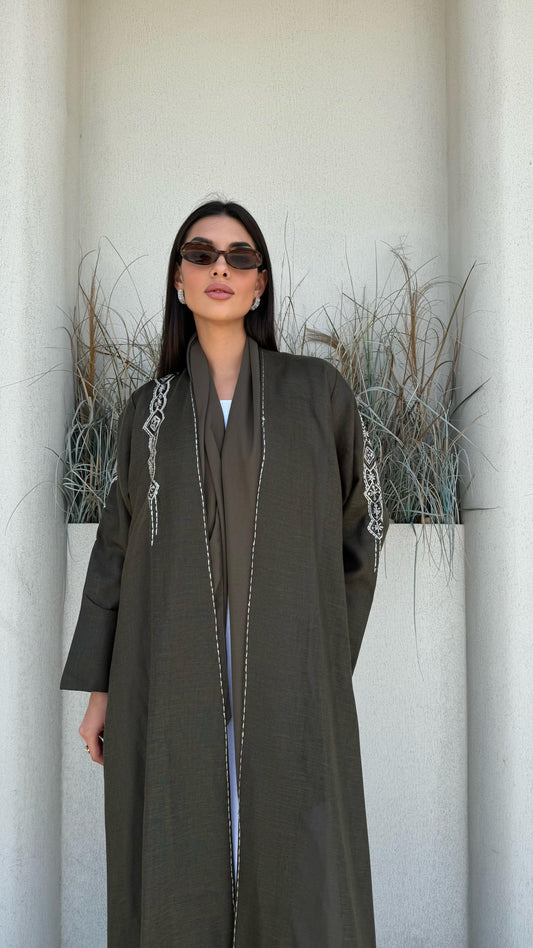 Abaya - Greyish olive x white embroidery