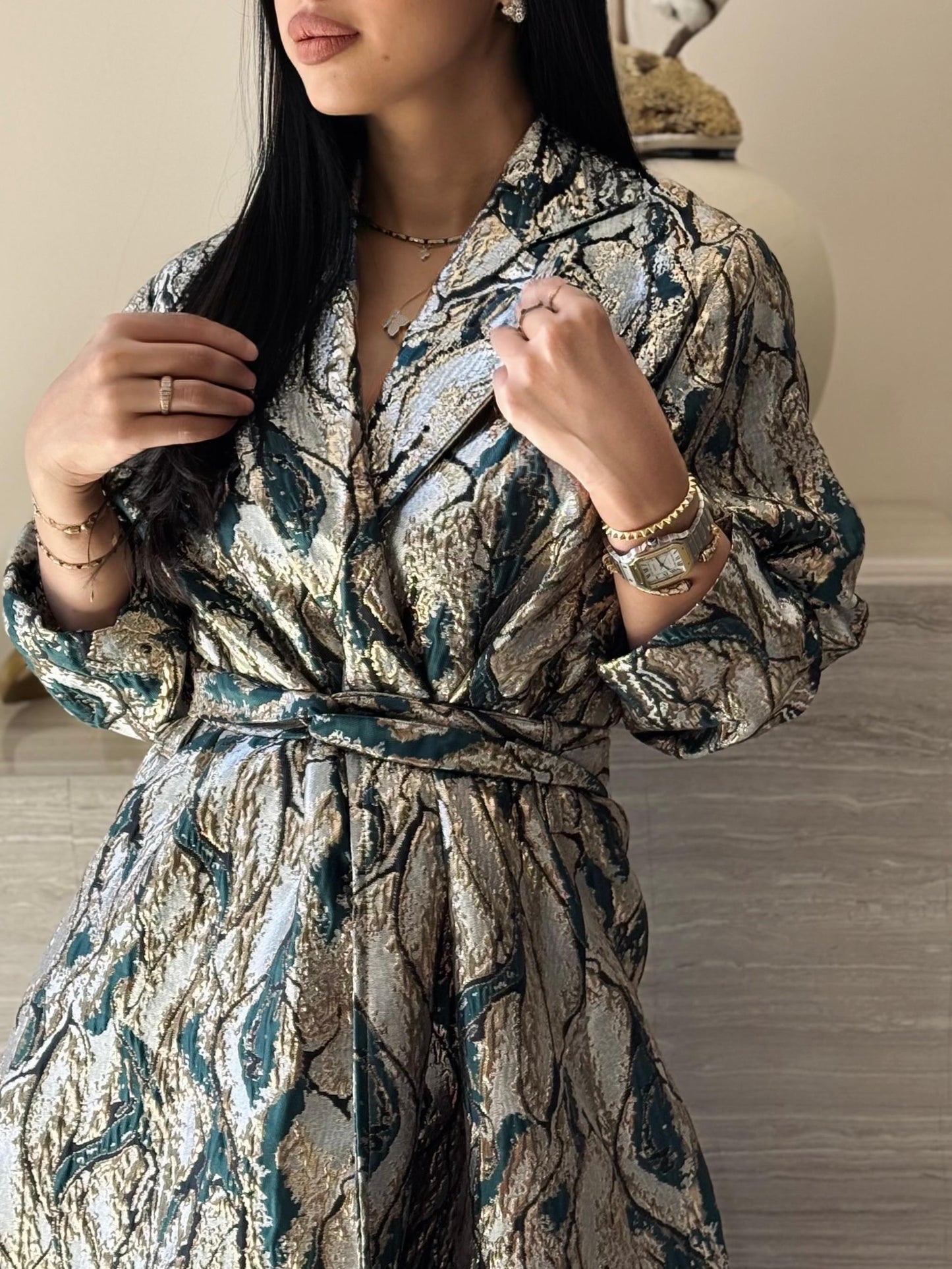 Brocade Trench Dress -Teal x Gold