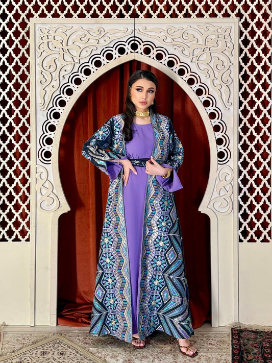 Velvet Dagla Set Kaftan -Dark Green x Purple