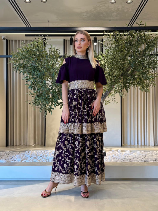 Off shoulders/ Double Layers Jelwa Dress- purplish blue
