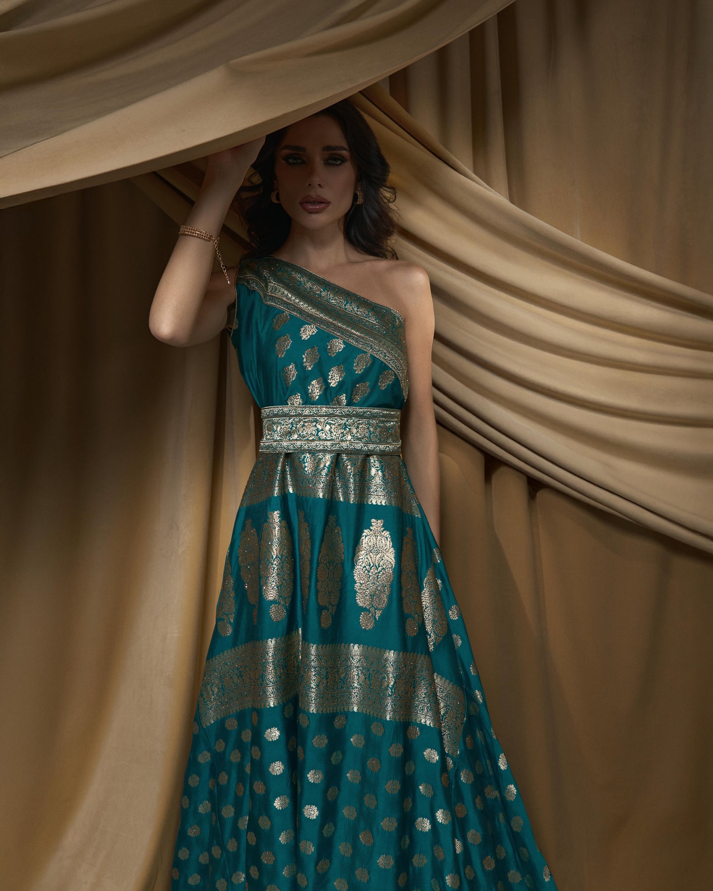 One Shoulder Asymmetrical Brocade Dress - Turqoise x Gold