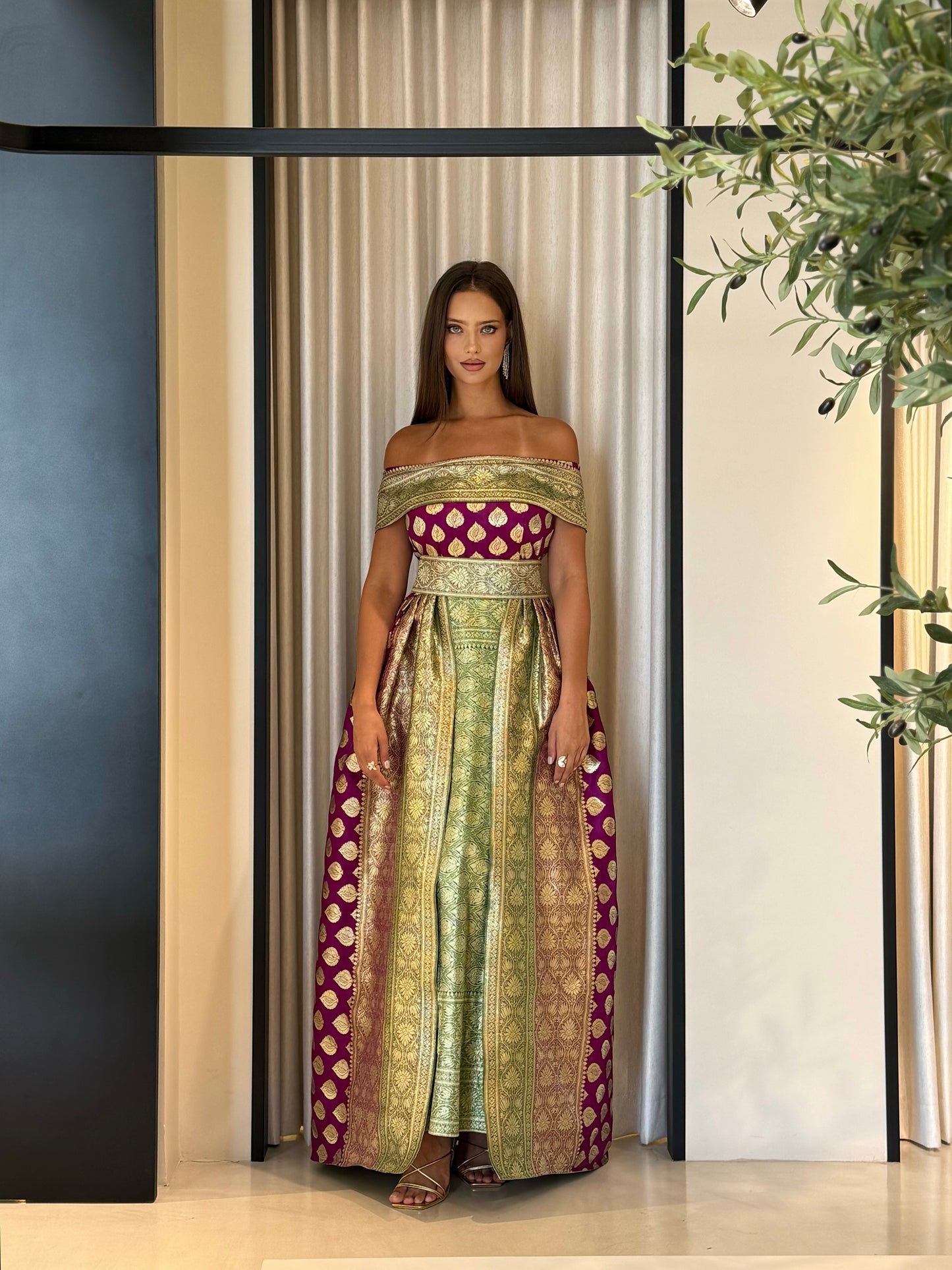 Jelwa Brocade Dress- Greenx mauve