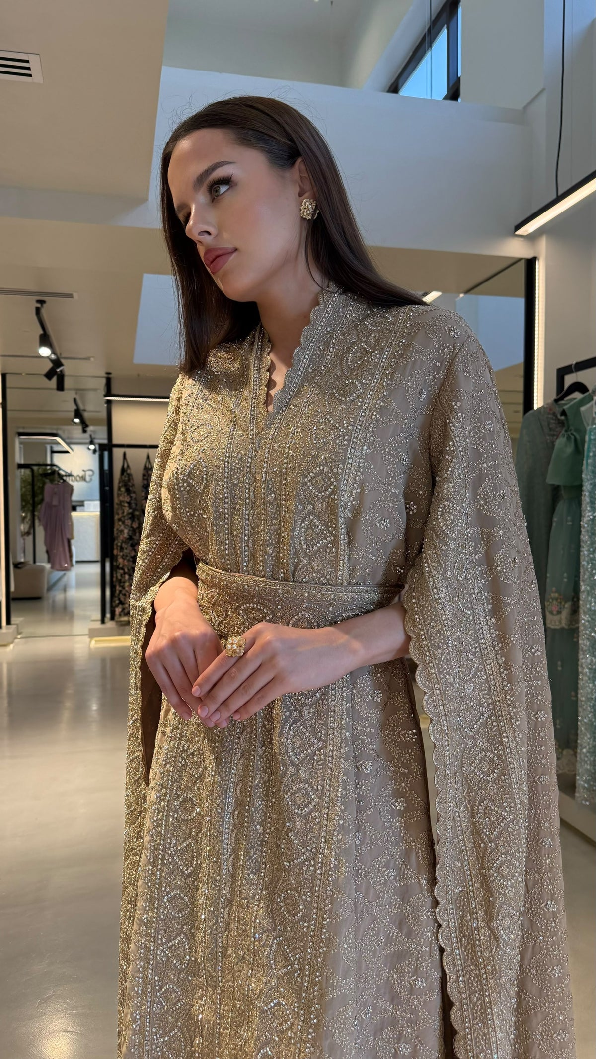 Cape sleeves Jelwa Dress- Beige
