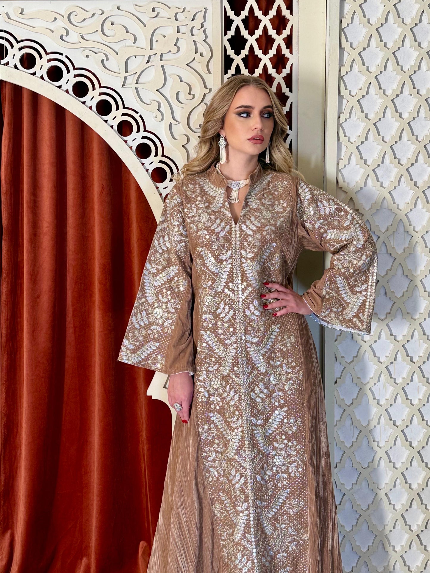Velvet Embroidery Kaftan - caramel