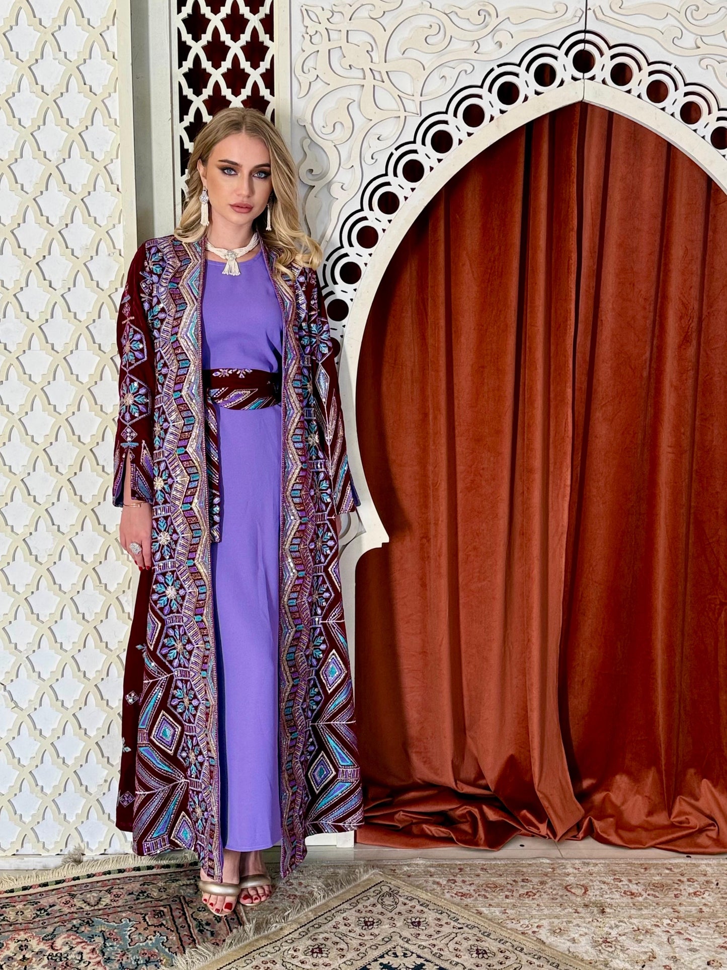 Velvet Dagla Set Kaftan -Maroon x Purple