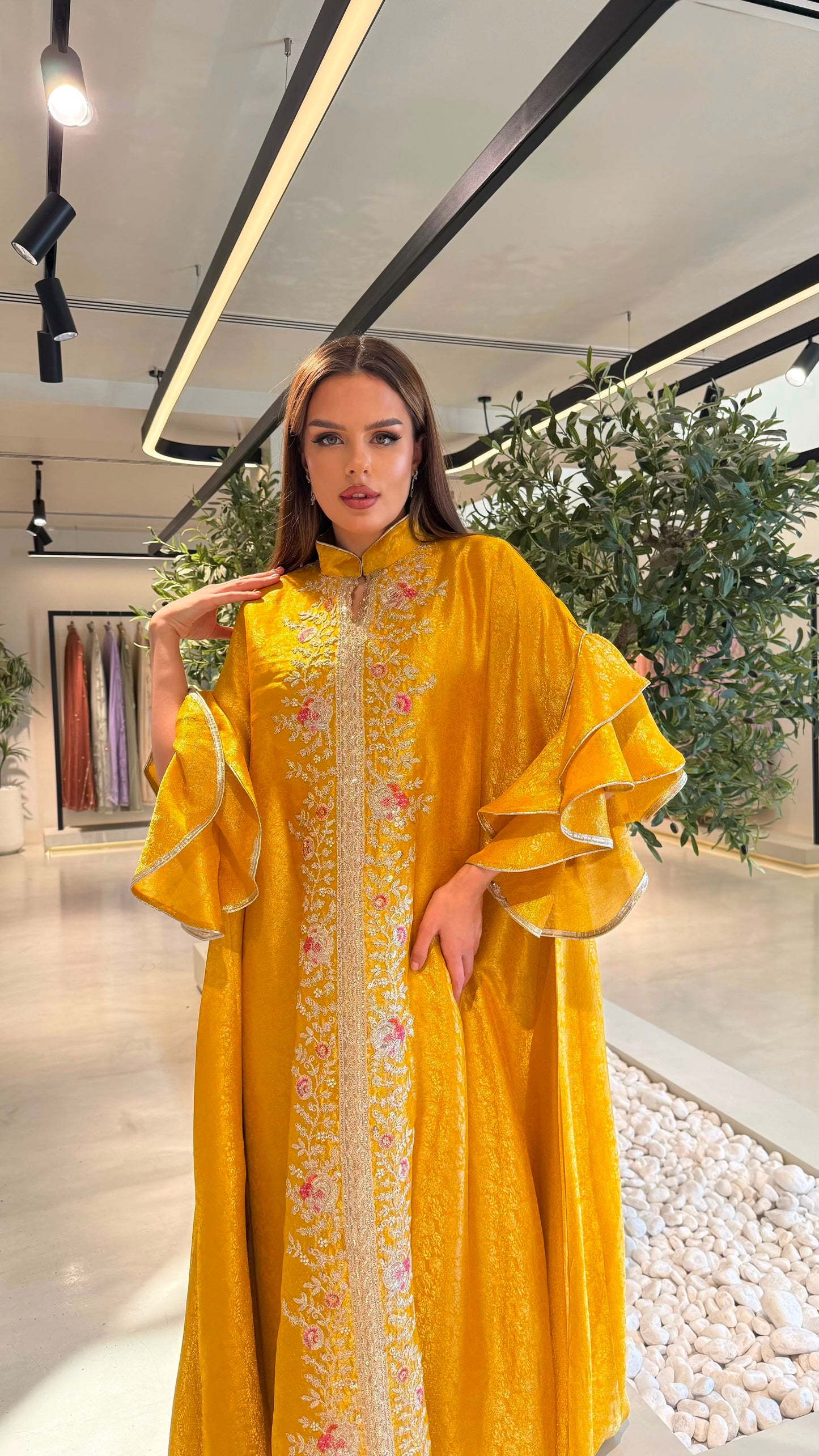 Ruffles Sleeves Jelwa kaftan -Mustard
