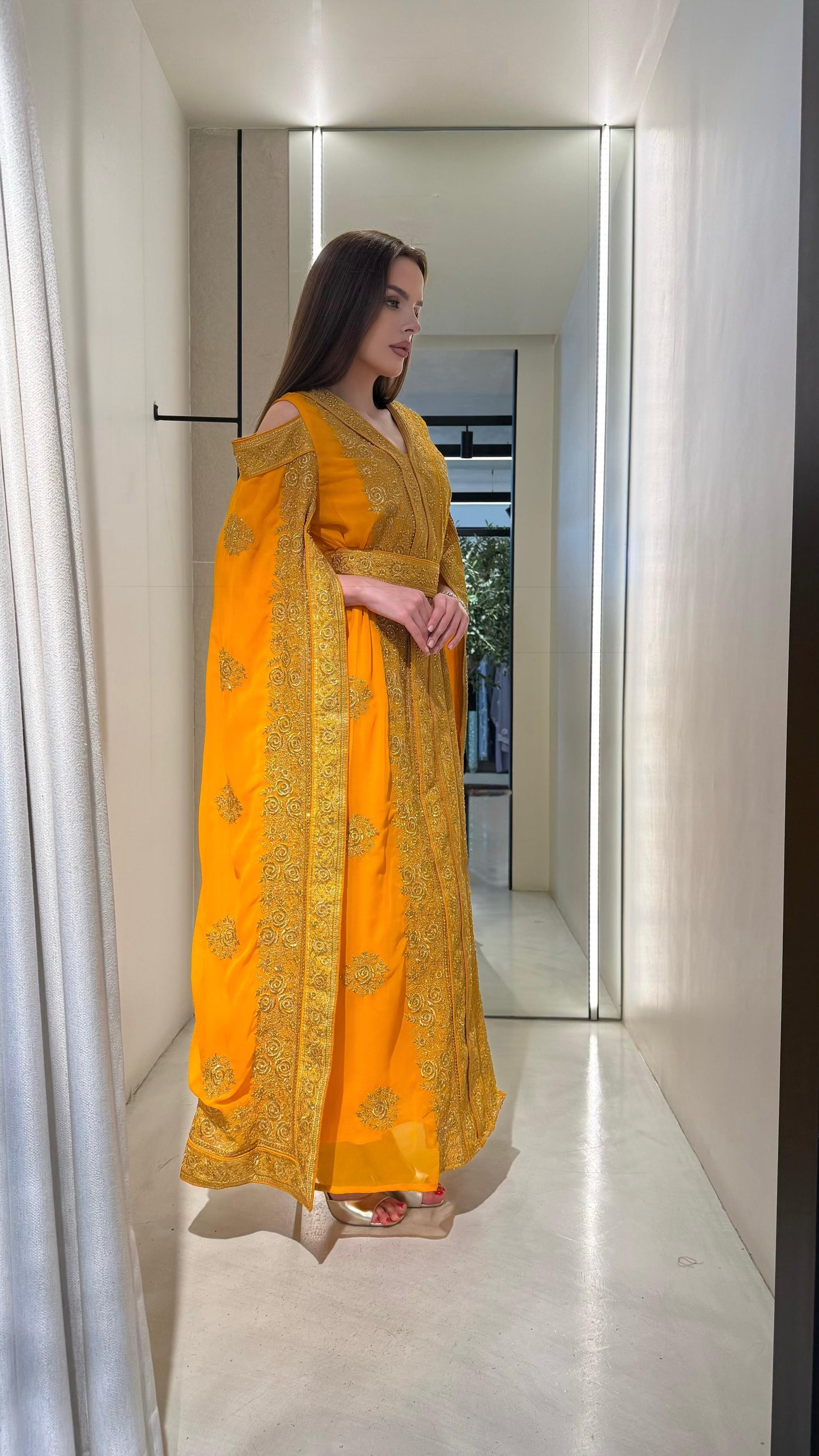 Jelwa Cutout Cape Sleeve Kaftan- Mustard