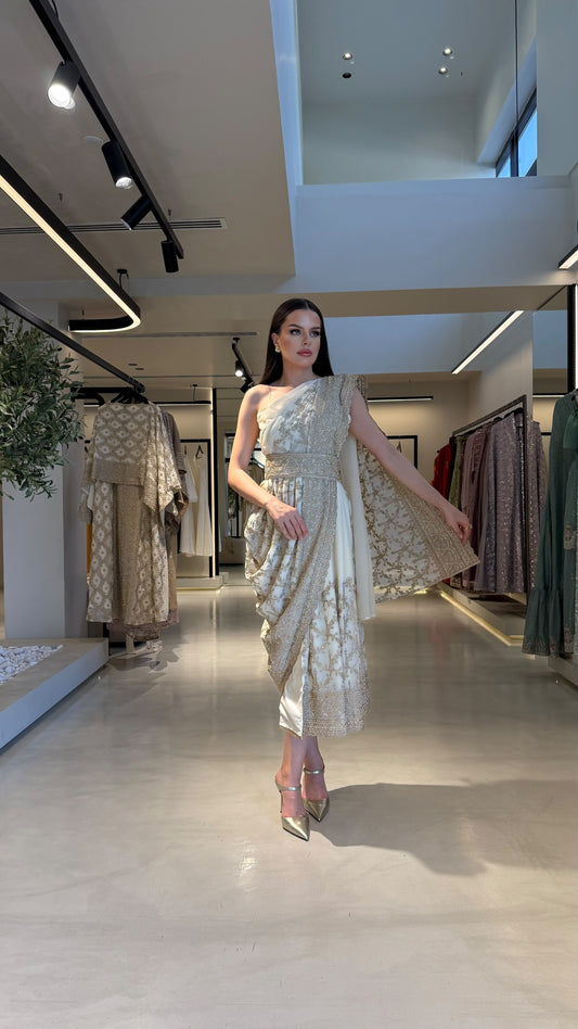 Draped one shoulder Jelwa Dress-Cream