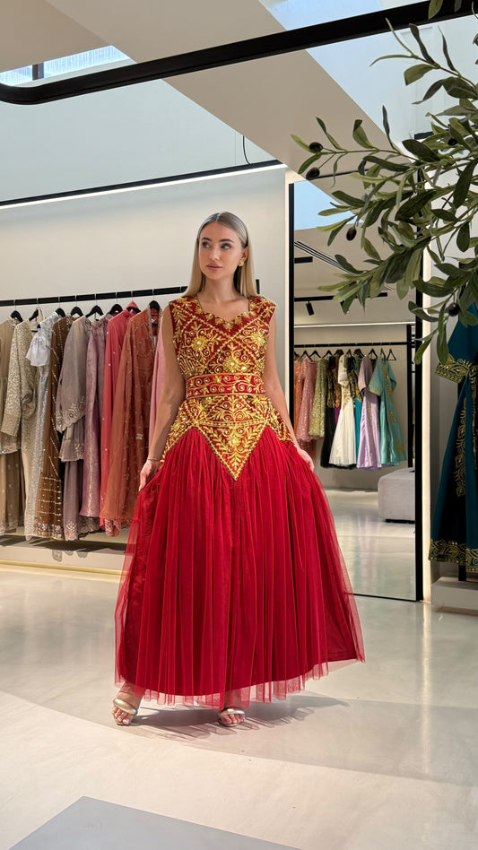 Nashel Jelwa Geometrical Dress X Tulle- Deep Red
