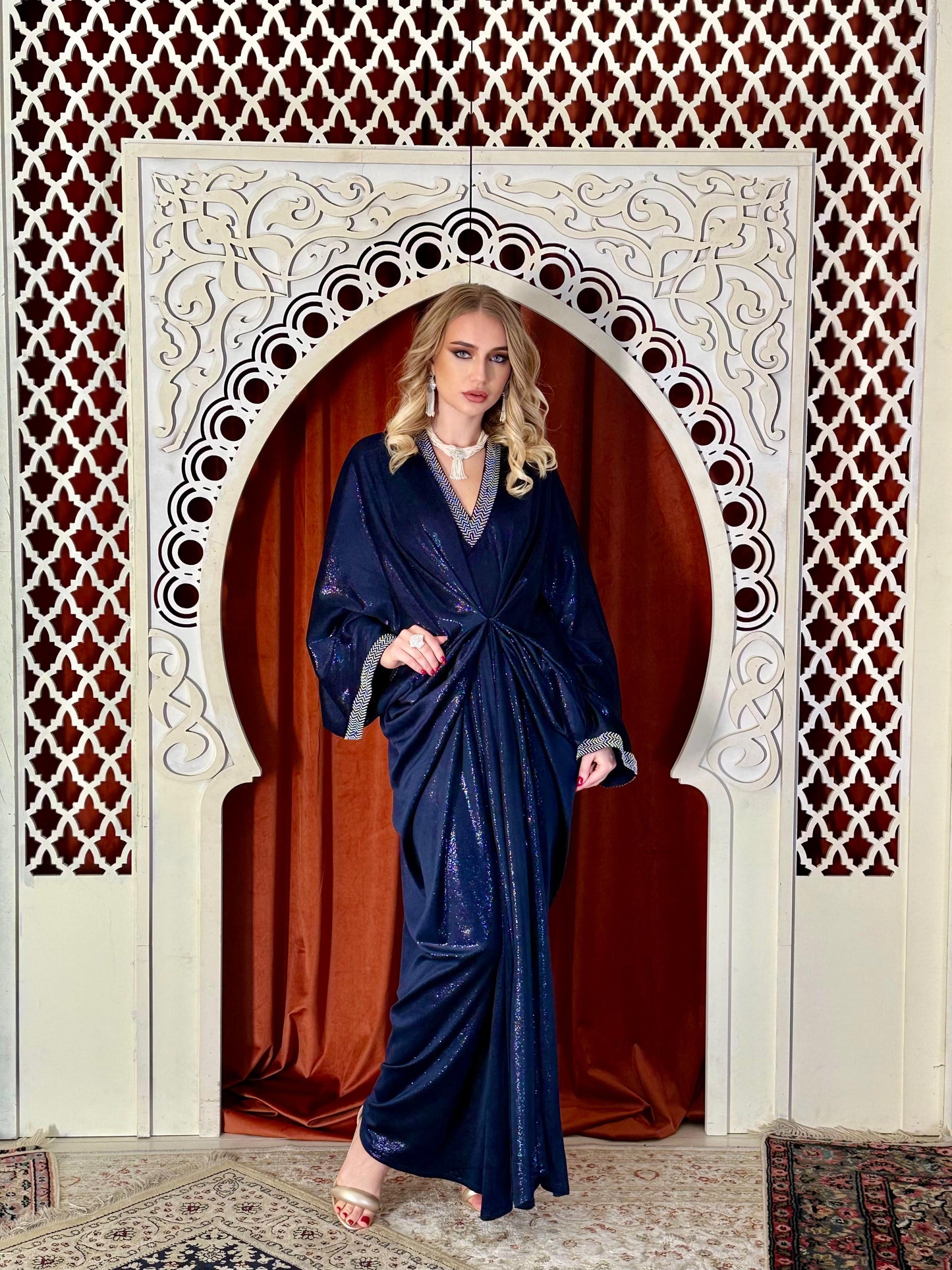 Velvet Draped Kaftan- Navy Blue