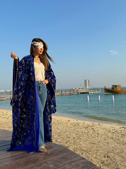 Wide Sleeves Velvet Bisht-Royal Blue x Embellishments