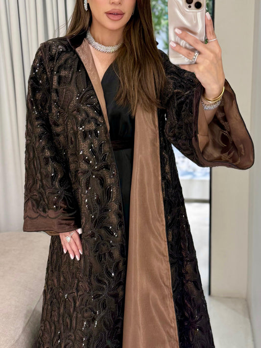 Velvet Bisht - Black x Brown x cutouts & Embellishments